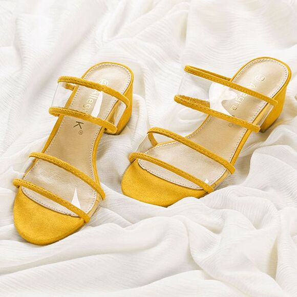 Clear Strap Block Heel Yellow Slide Sandals - Picture 2 of 6